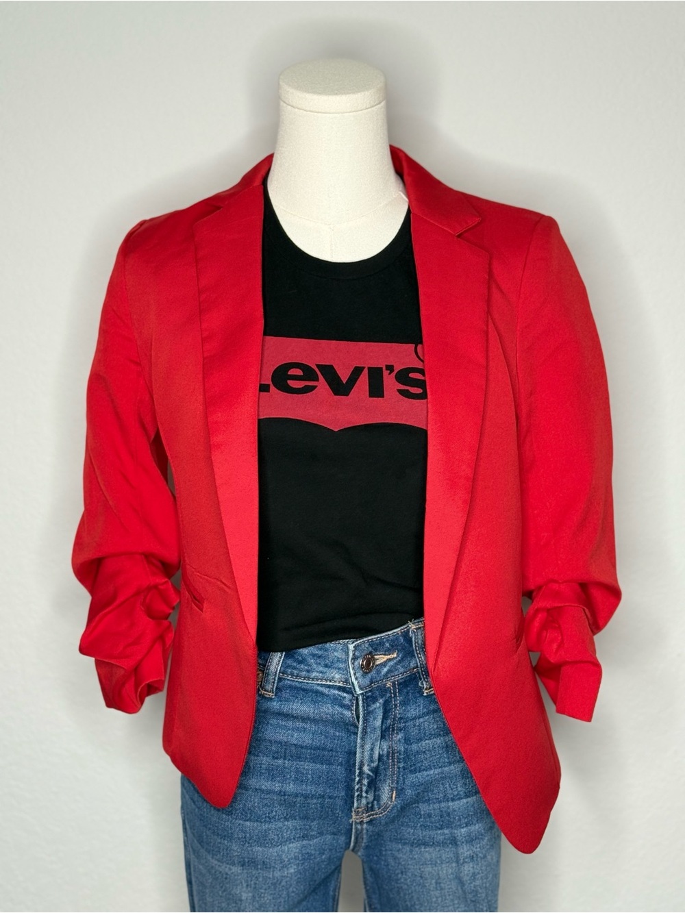 Fashion Nova Red Ruched-Sleeve Blazer Jacket